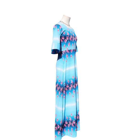 Vtg 60s Handmade Mod Hawaiian Style High Waist Blue Pink Flower Maxi Retro Dress - Picture 3 of 9